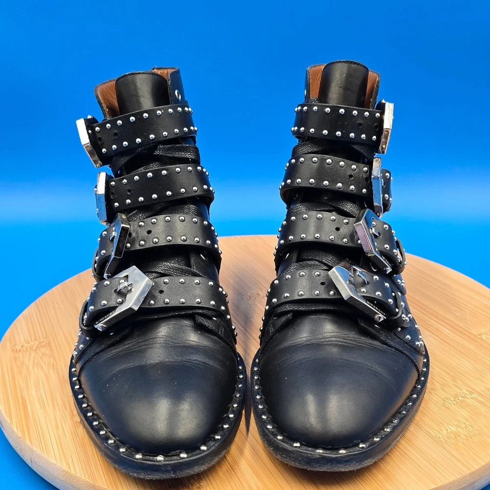Givenchy Elegant Studded Leather Multi-Buckle‎ Ankle Boots Black Size 37 US 7